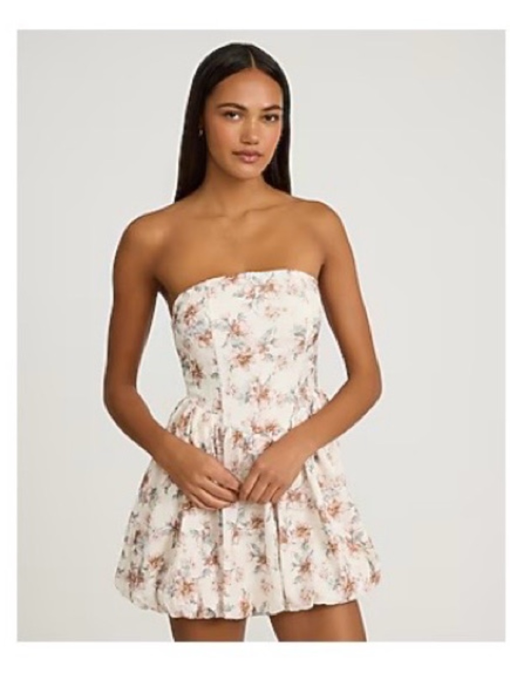 Express Cream Strapless Floral Mini Dress